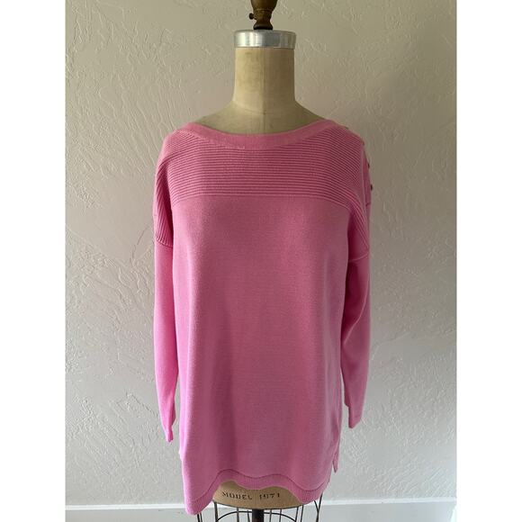 TALBOTS | Womens Petite Boatneck Ribbed Knit Tunic Sweater Size XLP Pink Buttons - Picture 1 of 13
